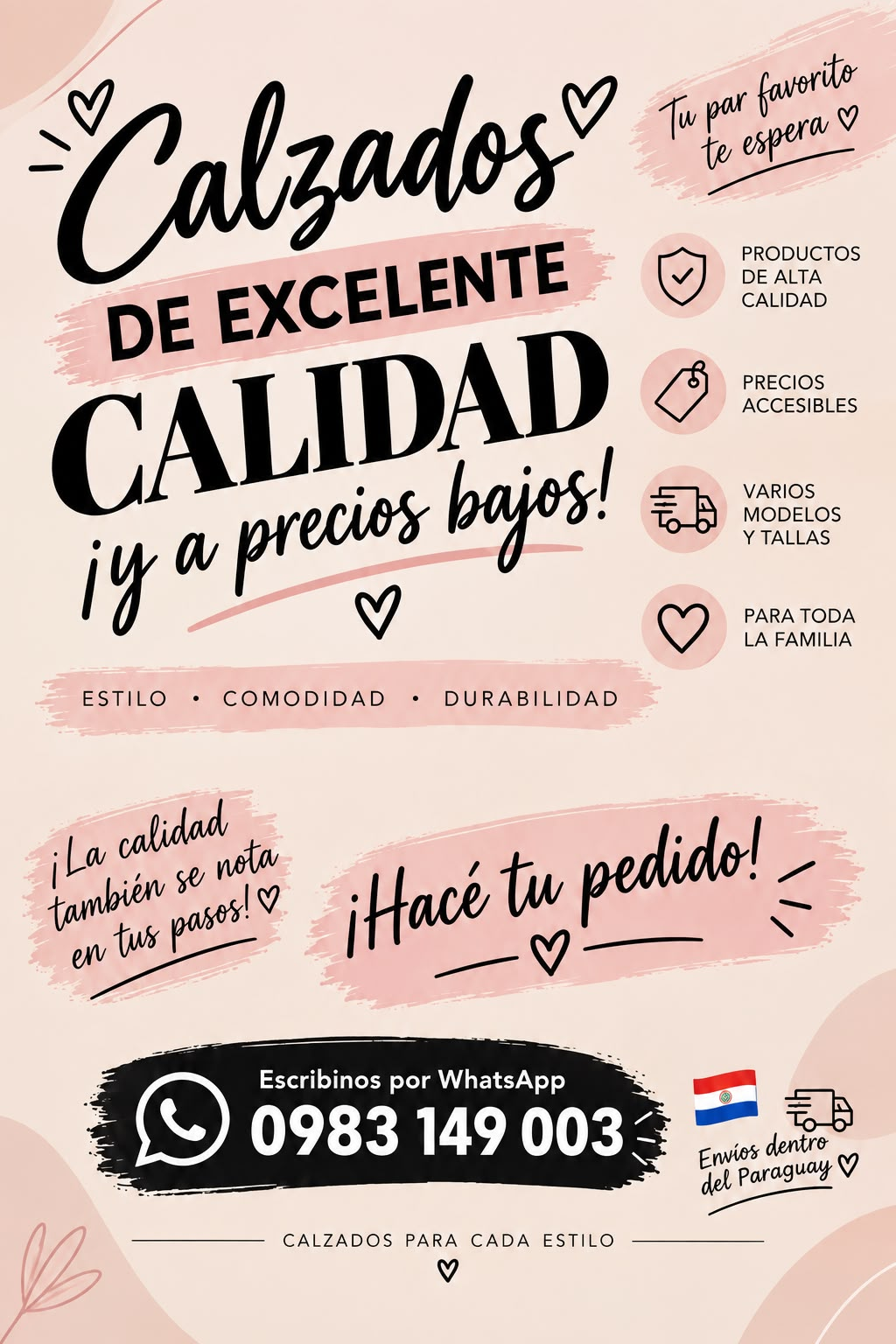 Divulgação de calçados para a família, com pedidos pelo WhatsApp